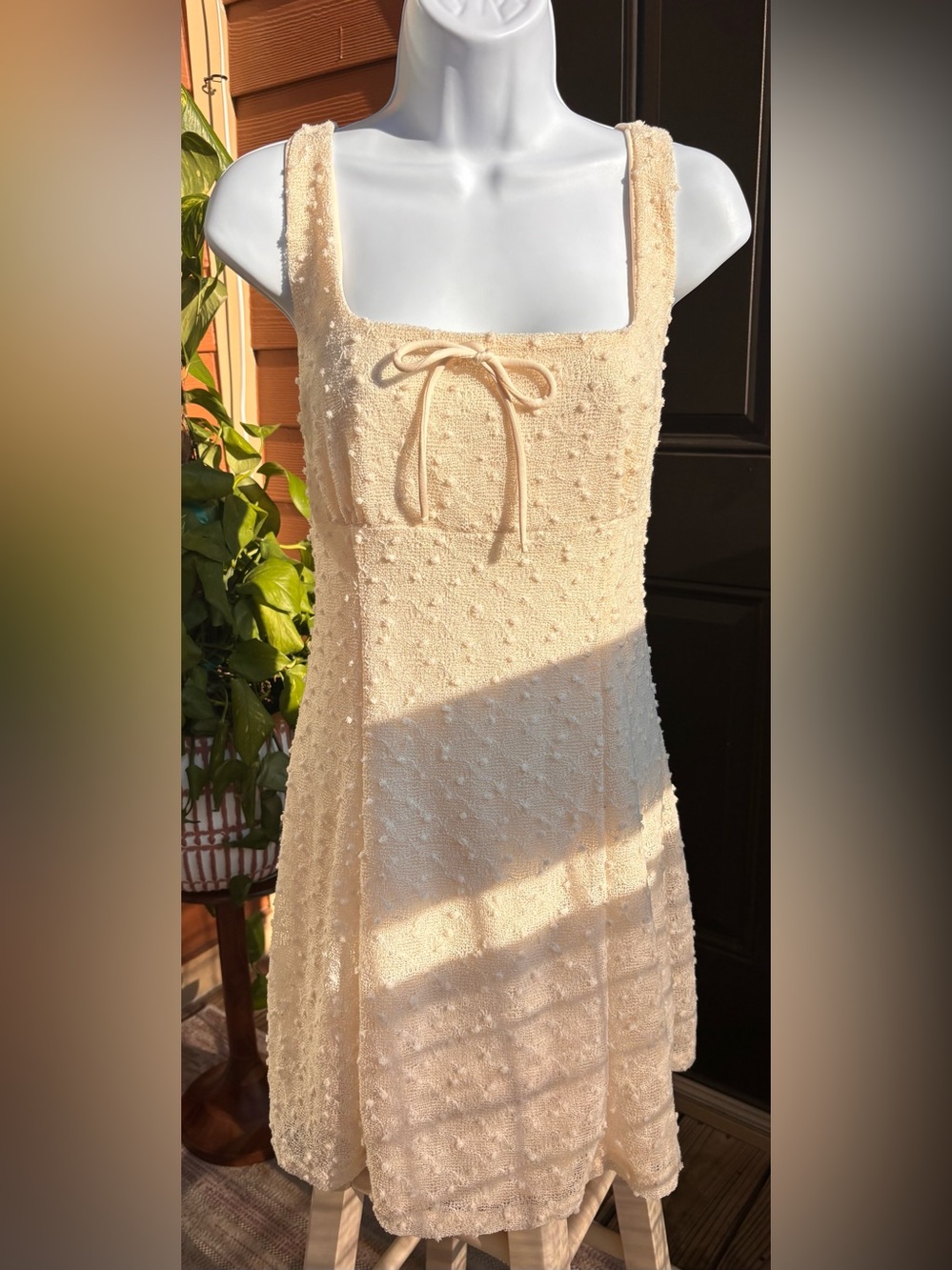 Light Yellow Textured Dress with Bow